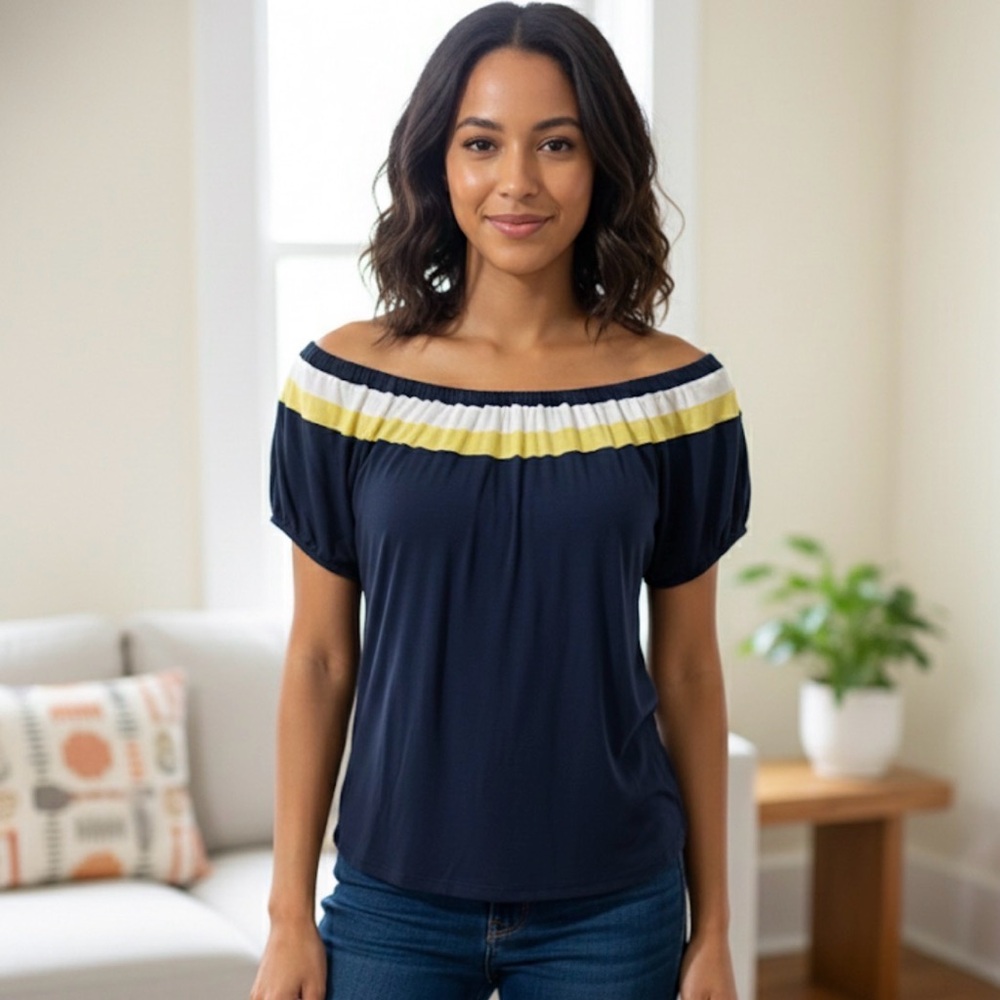 Vintage Havana Navy Off-Shoulder Blouse with Yellow and White Accents